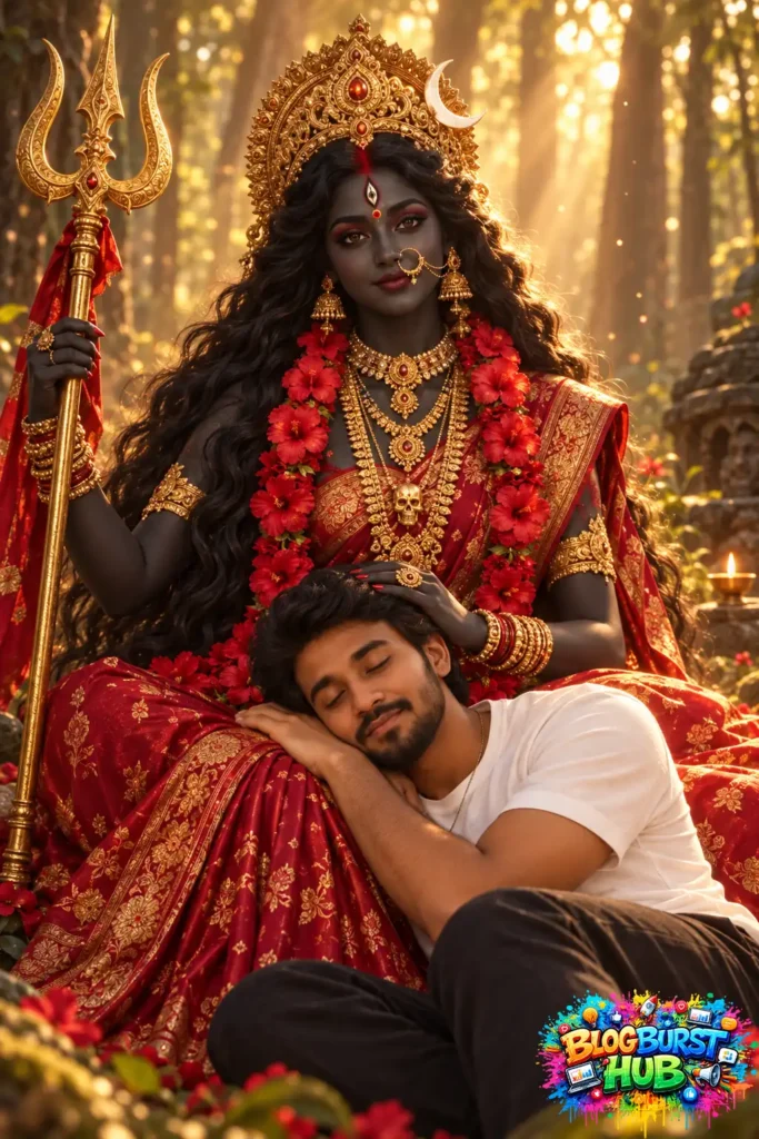 A peaceful devotee rests with his head on the lap of Goddess Maha Kali, dressed in a red and gold sari and holding a trident among glowing golden lights.