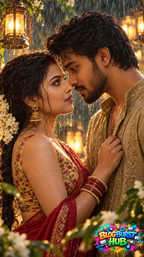 Indian couple sharing an intimate moment in the rain, wearing traditional outfits under warm golden lighting.