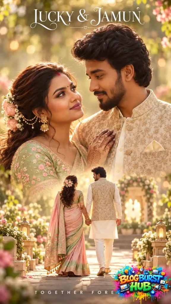 Romantic South Asian couple in pastel wedding outfits walking through a flower garden