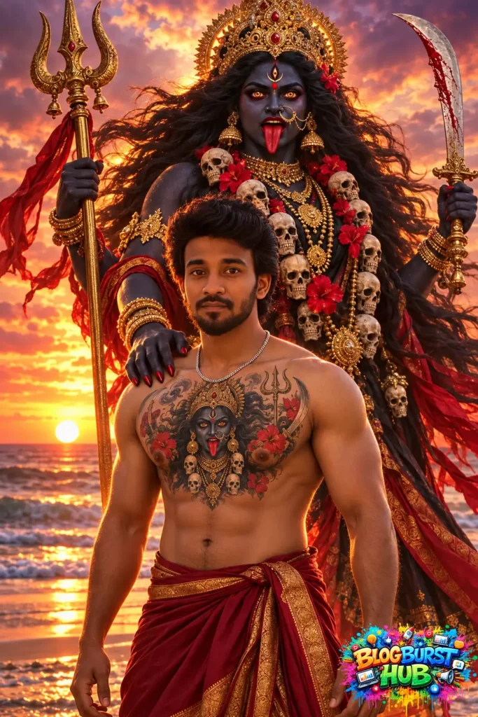A young devotee stands before Goddess Maha Kali holding a golden trident and curved sword against a dramatic ocean sunset.