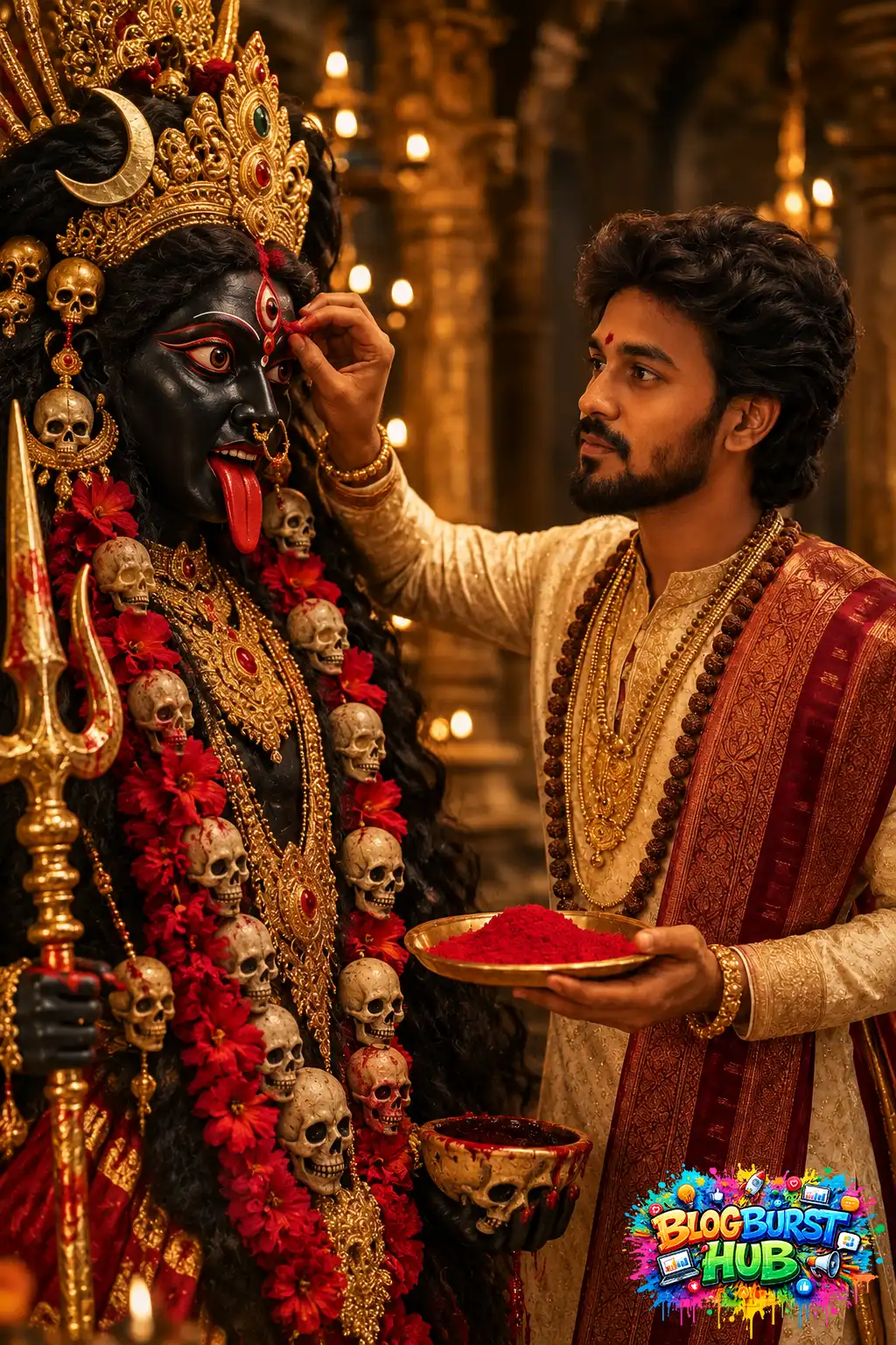 A devotee in traditional cream and red clothing applies red kumkum to the forehead of Goddess Maha Kali's decorated idol during worship in a lamp-lit temple.