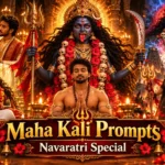 Maha Kali Prompts Navaratri Special poster featuring Goddess Kali, a devotee in prayer, golden temple lamps, and divine red and gold decorations.