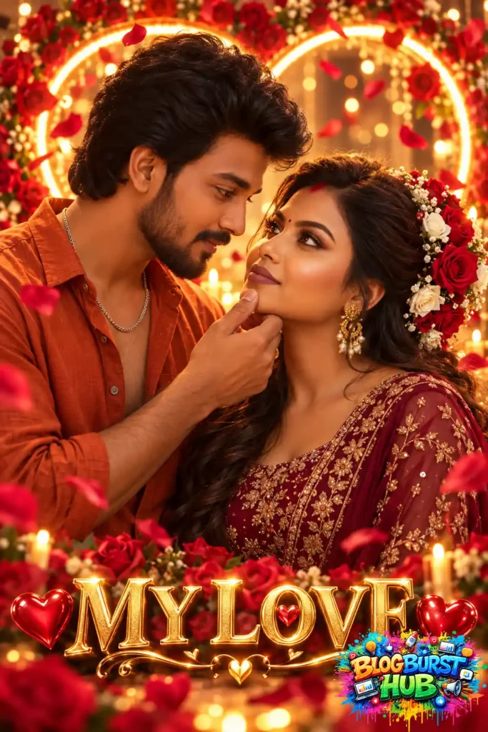 Romantic South Asian couple surrounded by red roses and golden lights