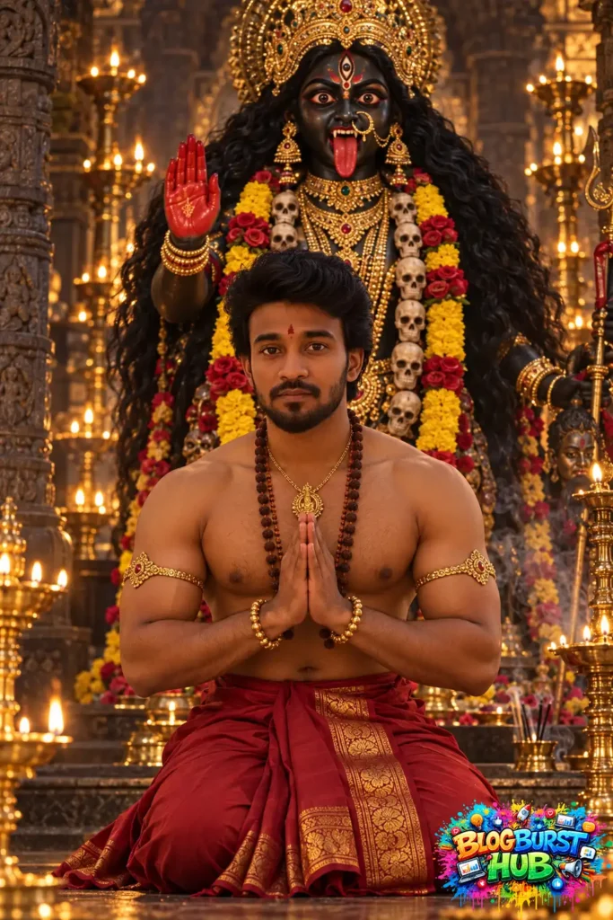 A devotee kneels in prayer before Goddess Maha Kali adorned with a golden crown, skull garlands, red and yellow flowers, and golden ornaments in a traditional temple illuminated by oil lamps.