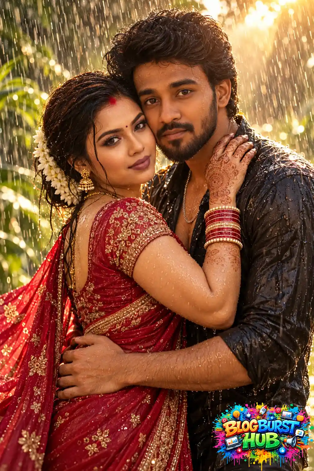 Romantic Indian couple embracing in heavy rain, with the woman in a red saree and the man in a black shirt.
