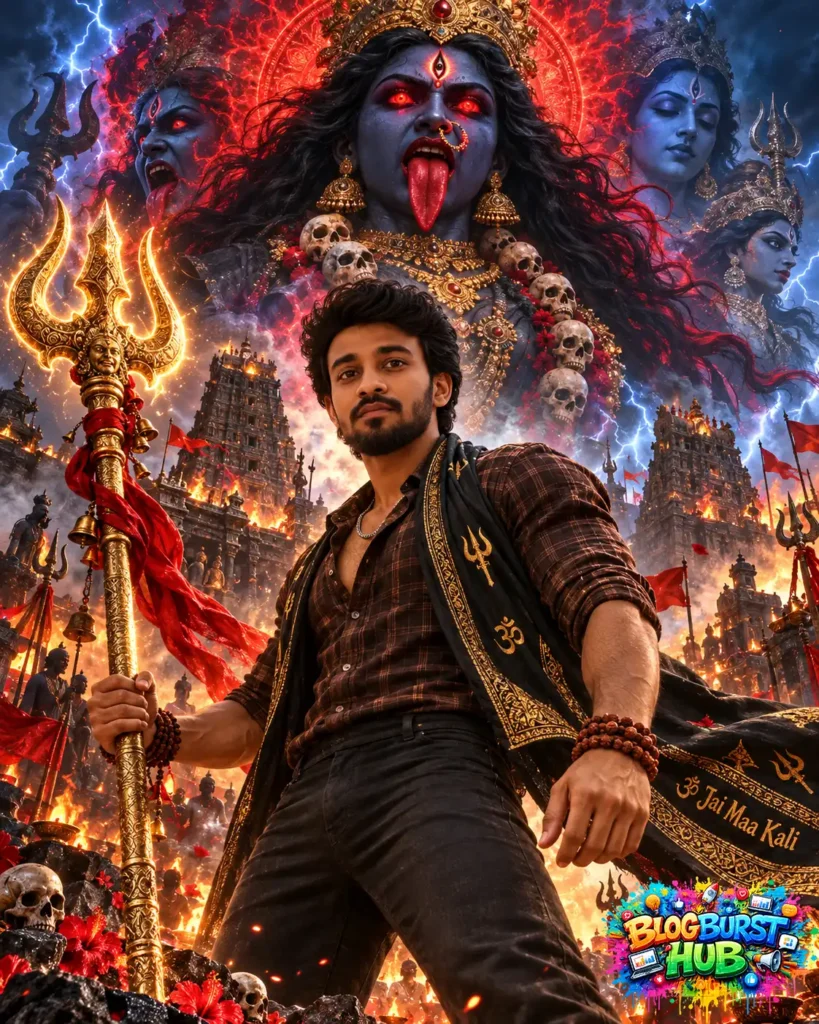 Powerful Goddess Maha Kali with a golden trident and radiant red and blue energy appears behind a devotee in a dramatic temple scene.