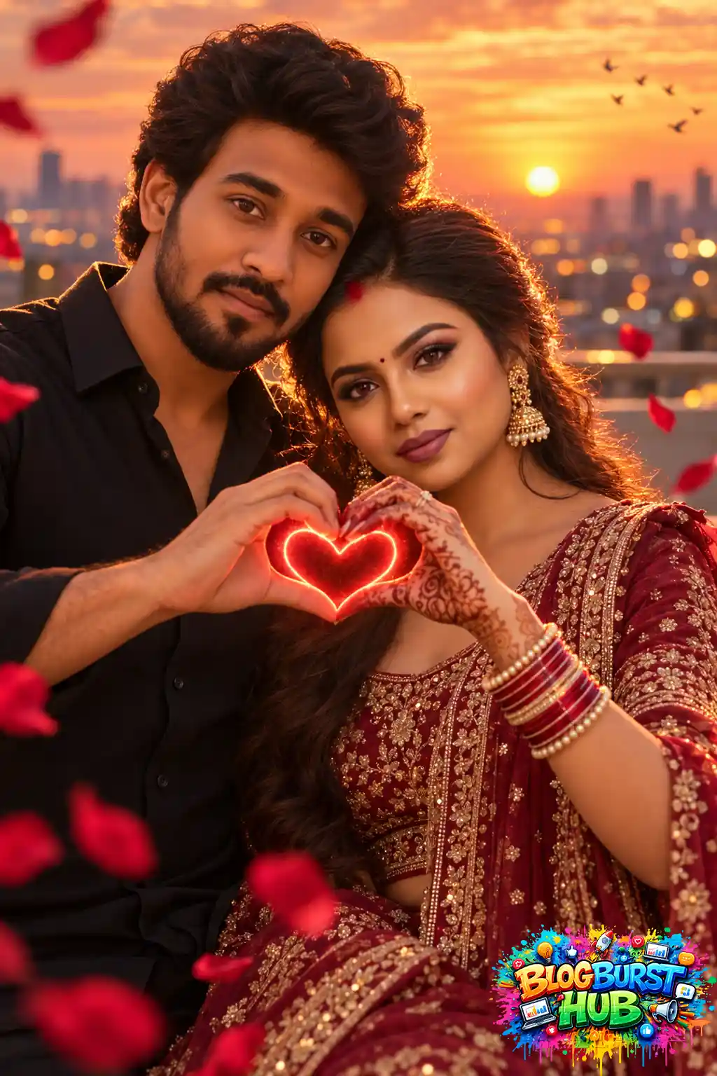South Asian couple forming a glowing heart with their hands during a sunset