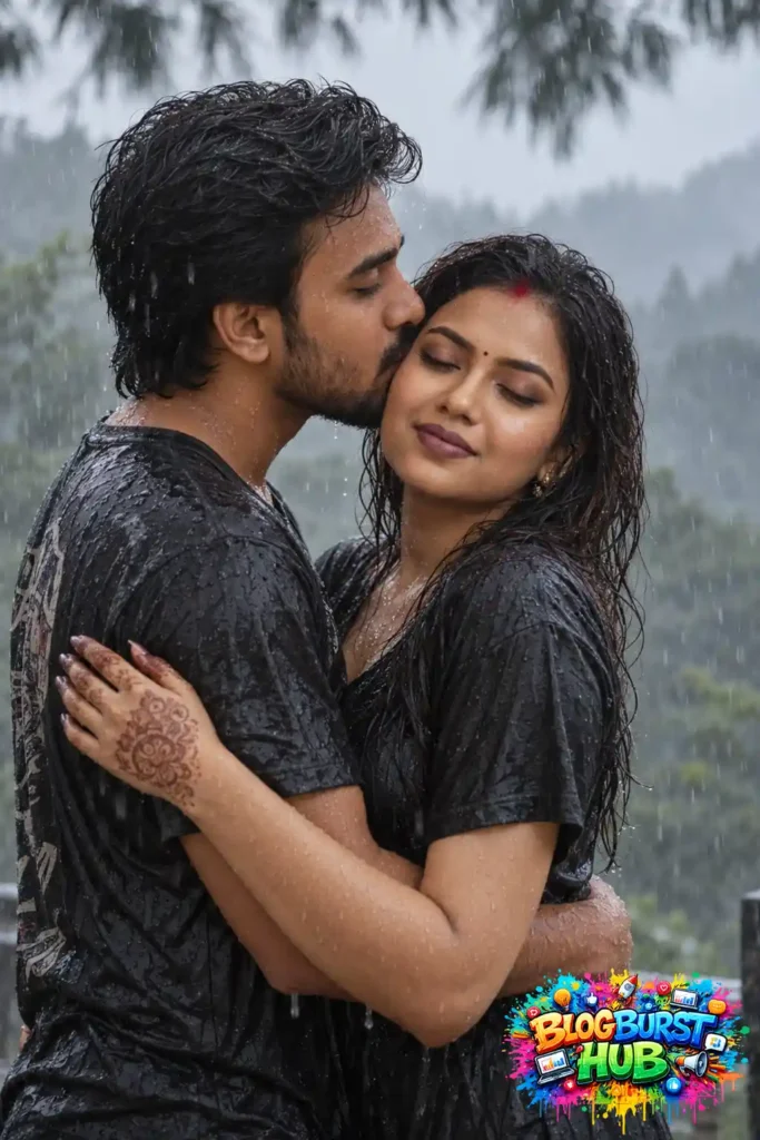 Romantic couple in wet black outfits embracing as the man kisses the woman's forehead in the rain.
