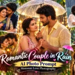 Romantic couple in rain AI photo prompt featuring beautiful monsoon love photography under an umbrella.