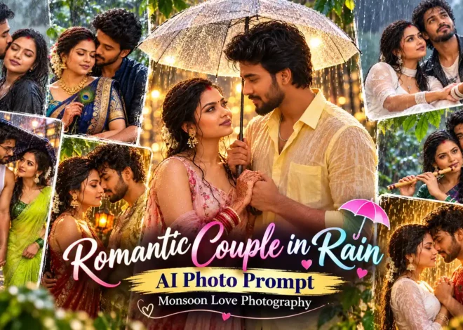 Romantic Couple in Rain AI Photo Prompt | Monsoon Love Photography
