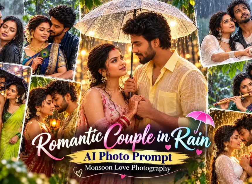 Romantic Couple in Rain AI Photo Prompt | Monsoon Love Photography