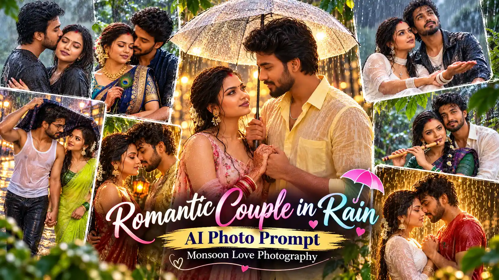 Romantic Couple in Rain AI Photo Prompt | Monsoon Love Photography