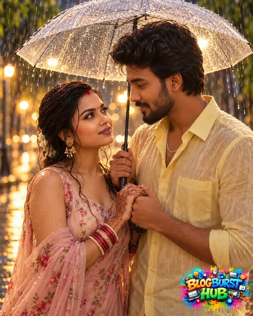 Romantic Indian couple holding hands under a transparent umbrella in golden monsoon rain.