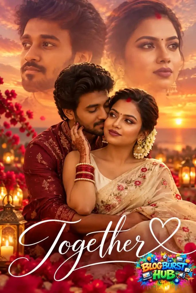 South Asian couple embracing in a cream floral saree and burgundy traditional outfit