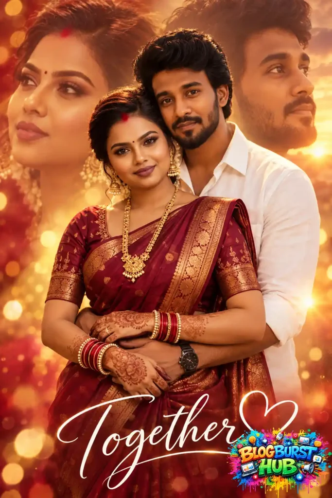 Romantic South Asian couple embracing during sunset with Together text