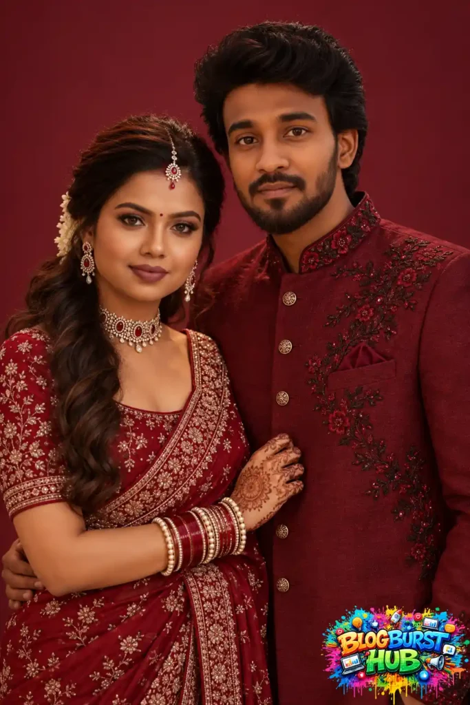 South Asian couple wearing elegant red traditional wedding outfits in a romantic portrait
