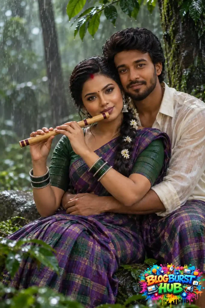 Indian couple in a rainy forest, with the woman playing a bamboo flute in a purple and green saree.