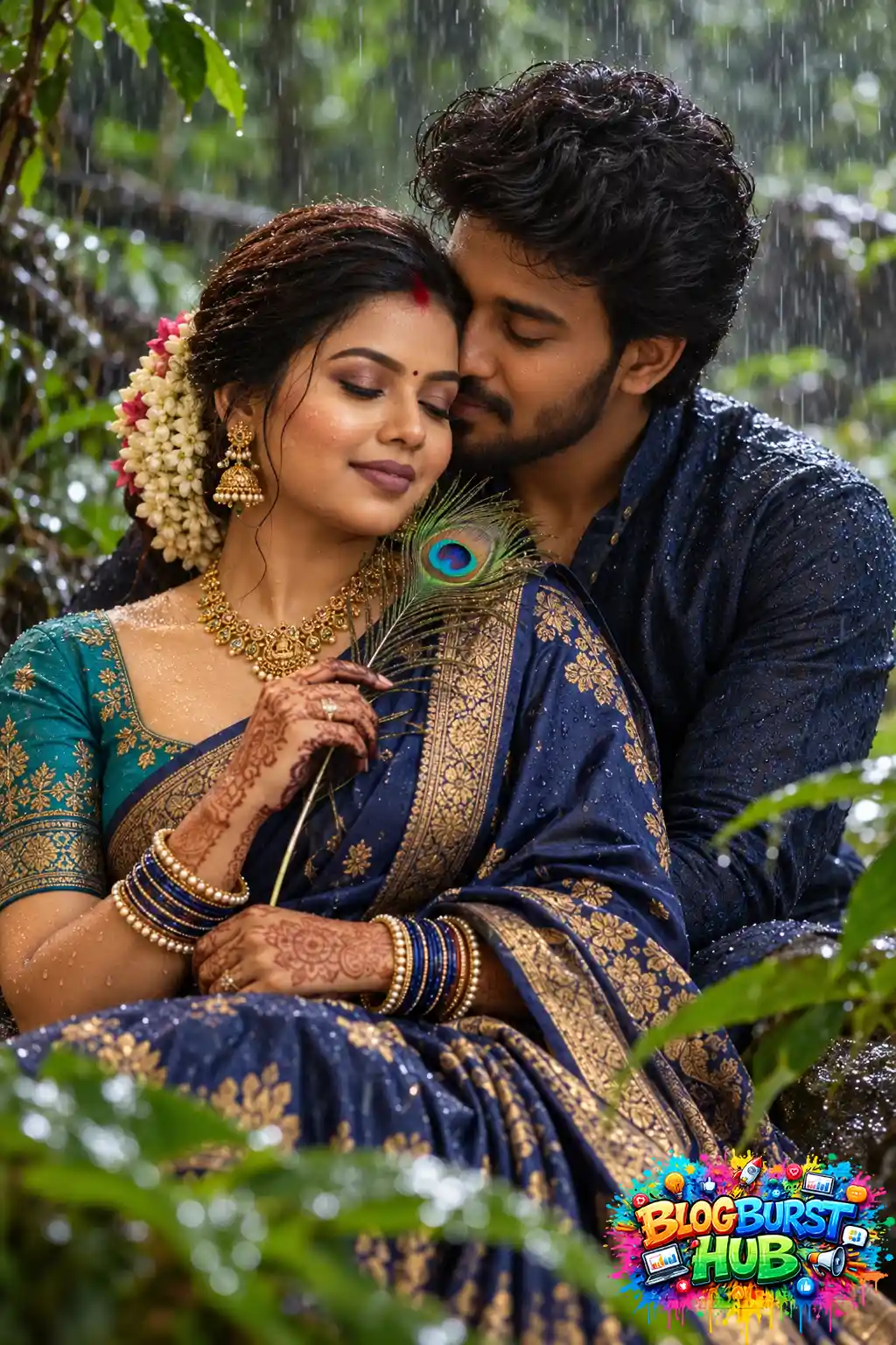 Indian couple in a blue silk saree and dark outfit embracing in the rain with a peacock feather.