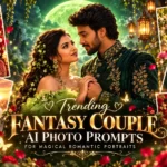 Trending fantasy couple AI photo prompts featuring a romantic Indian couple in magical cinematic settings