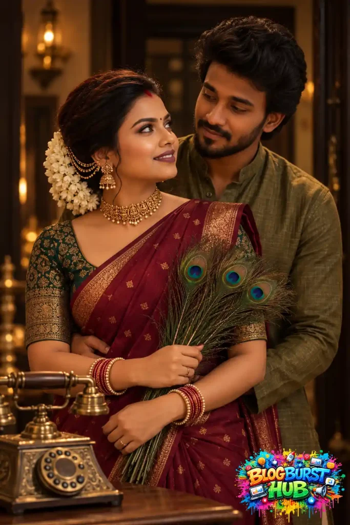 South Asian couple in traditional clothing posing with jasmine flowers and an antique telephone